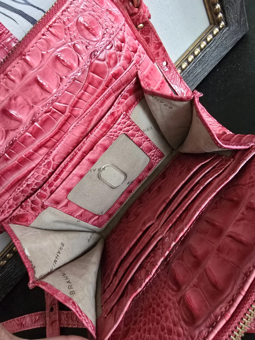 Brahmin Croc-Embossed Coral Pink Crossbody with Gold Hardware